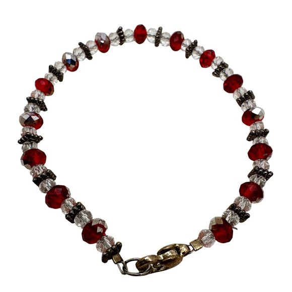Holiday Elegant Beaded Bracelet Red Clear Heart Clasp Eveningwear Dainty Preppy - Picture 3 of 7